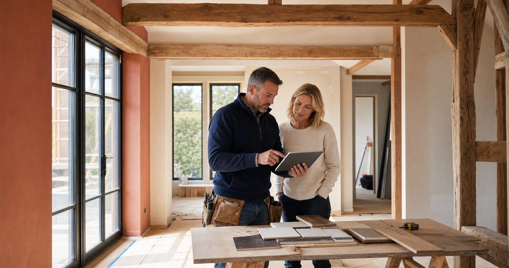 Project manager and client reviewing material samples inside a refurbished room