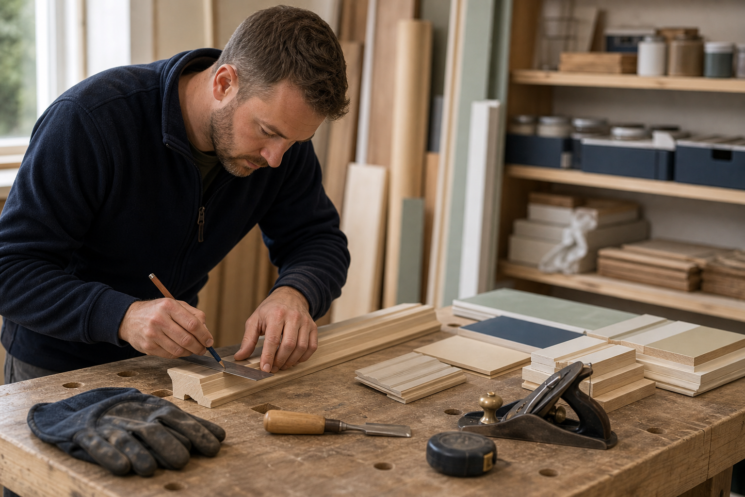 Craftsperson preparing a precise timber detail on a tidy workbench