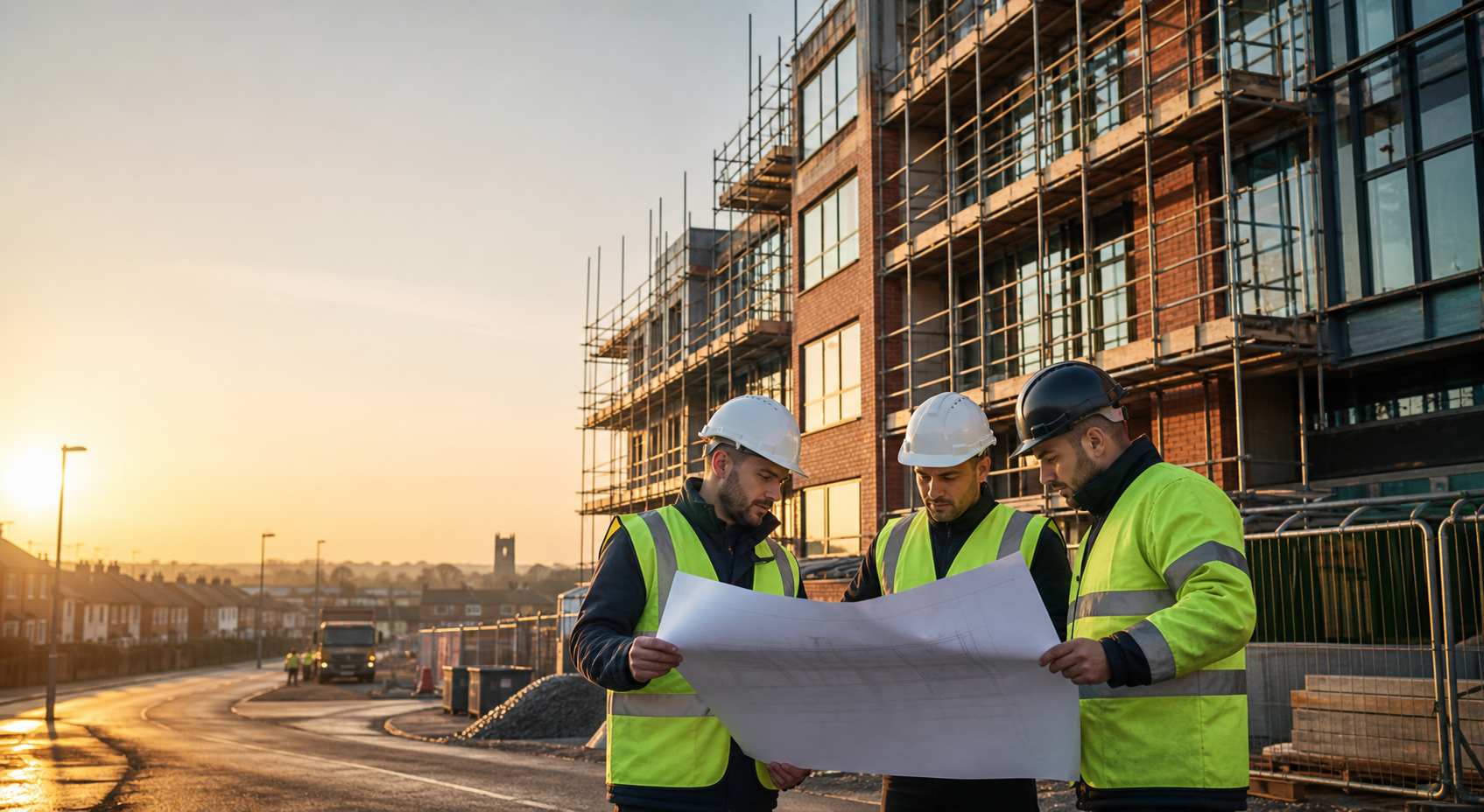 Chatham Limited team reviewing drawings on a tidy building site