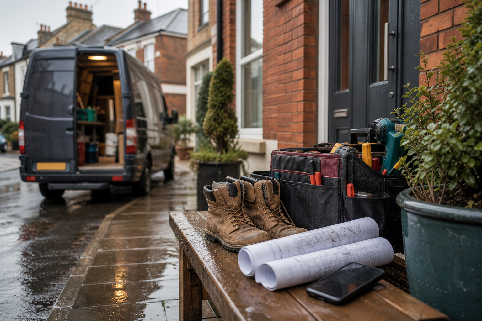 Tools and drawings ready beside a project entrance on a Kent street