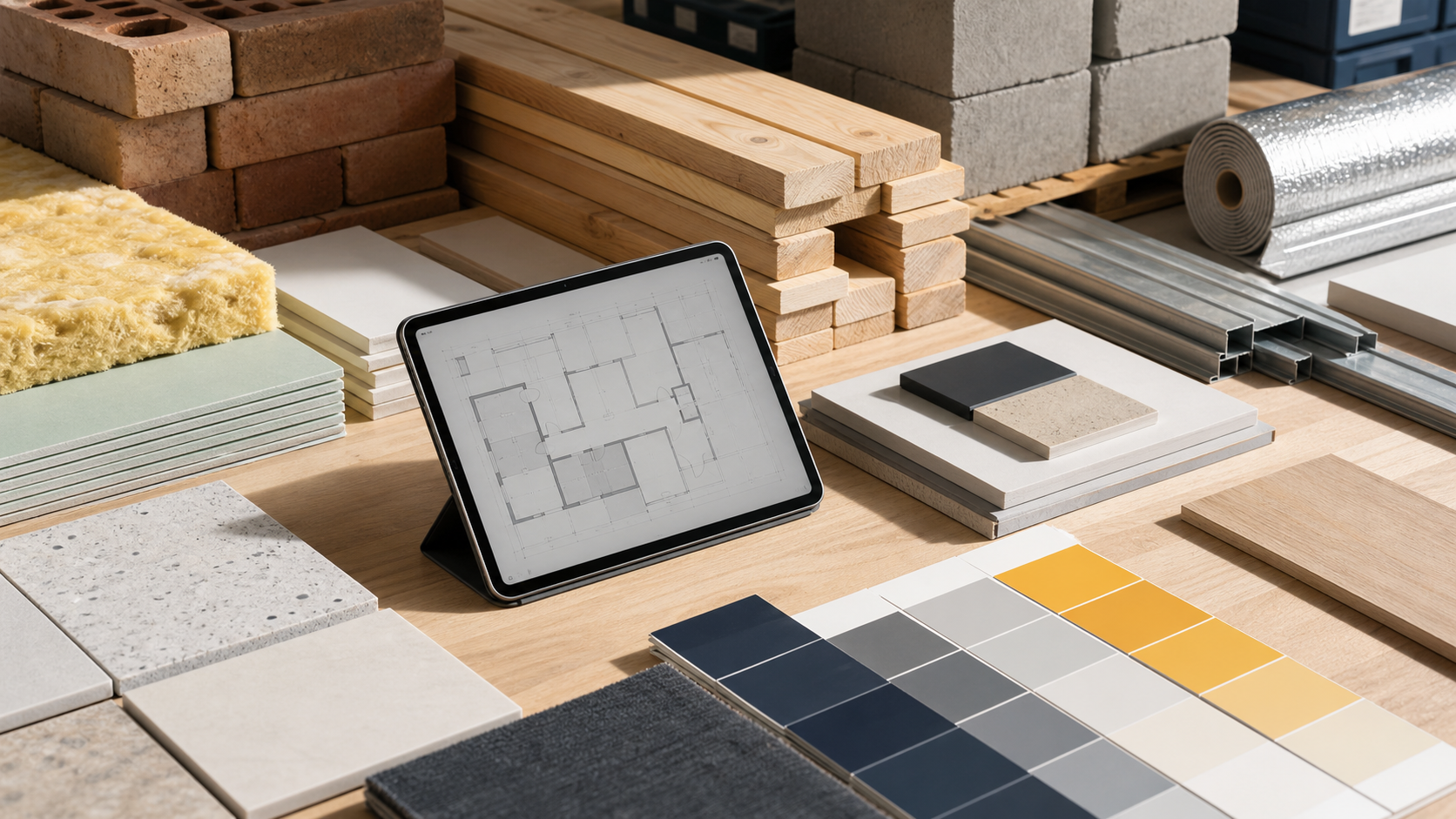 Organised building materials and samples staged for a project