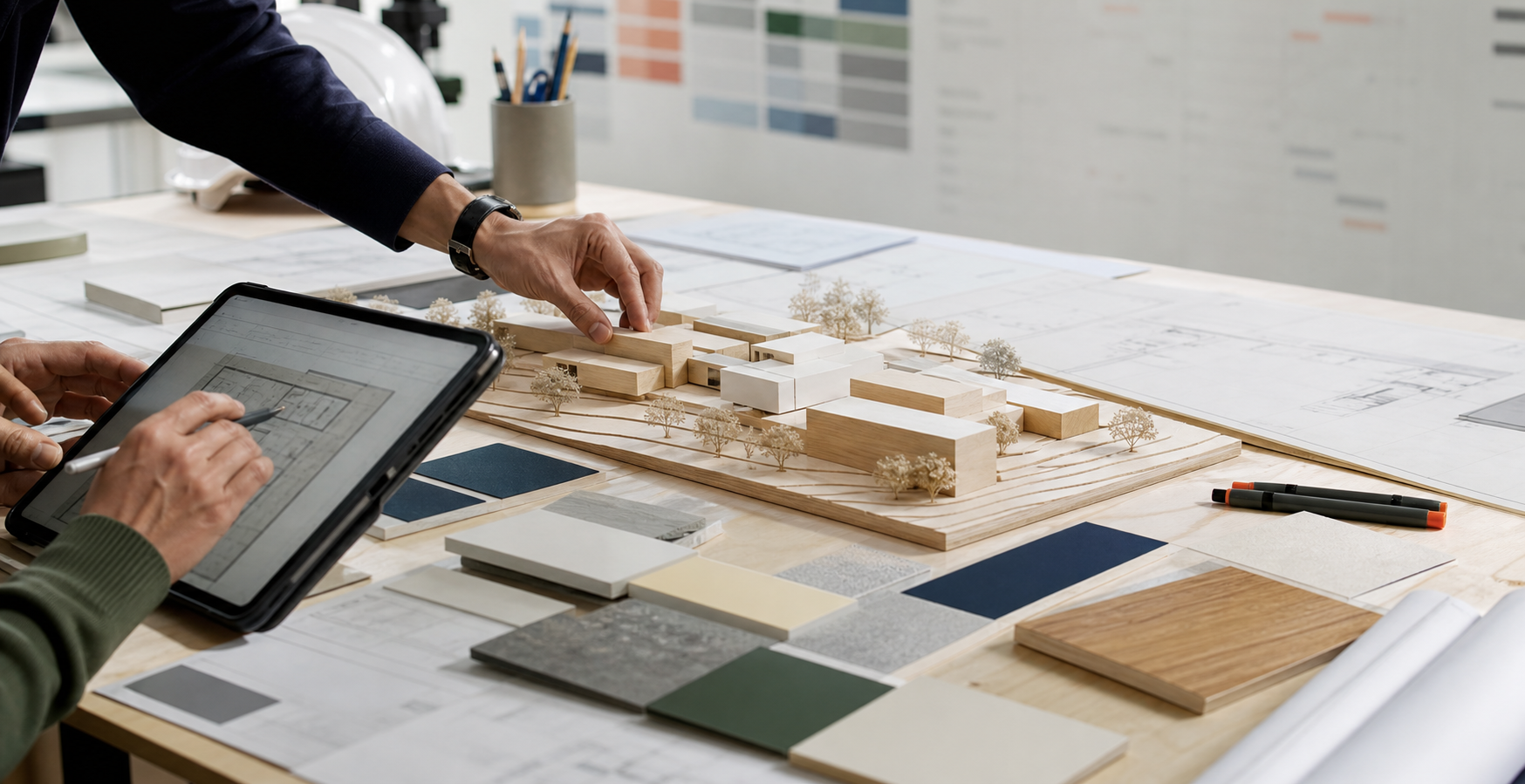 Planning table with drawings, samples and a small project model