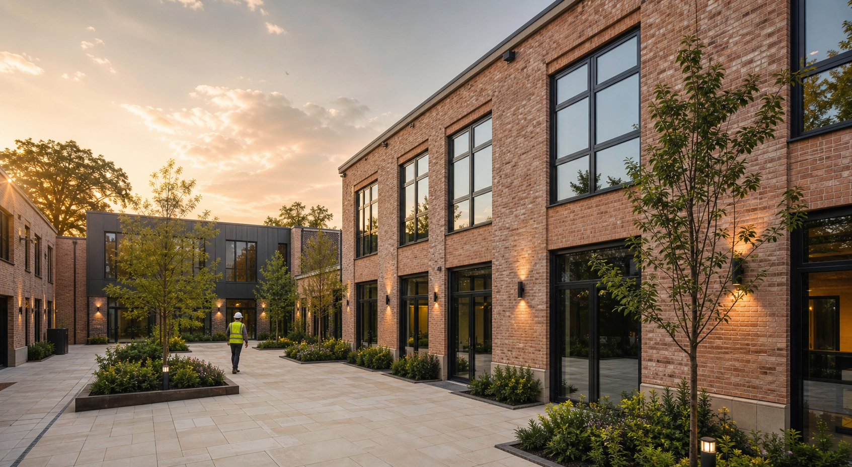 Finished courtyard development with crisp brickwork and clean paving