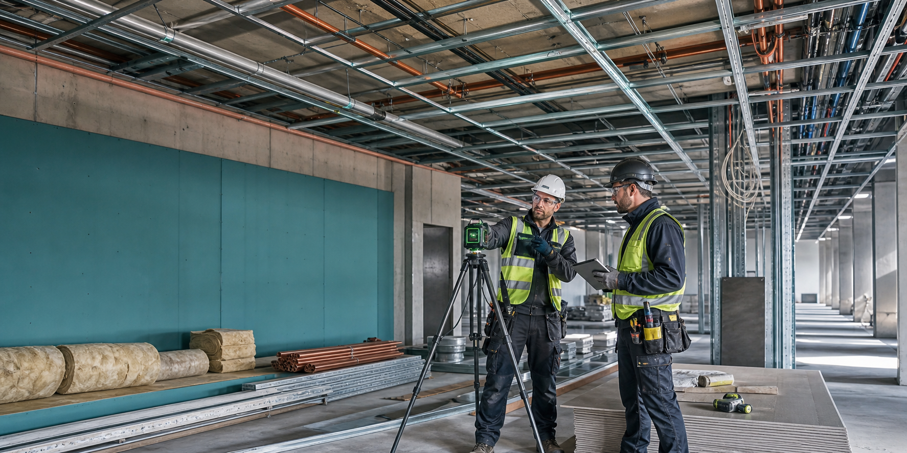 Tradespeople coordinating installation work with a laser level